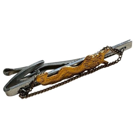 Vintage Gold Dragon Tie Clip w/ Chain Accent - Picture 8 of 9